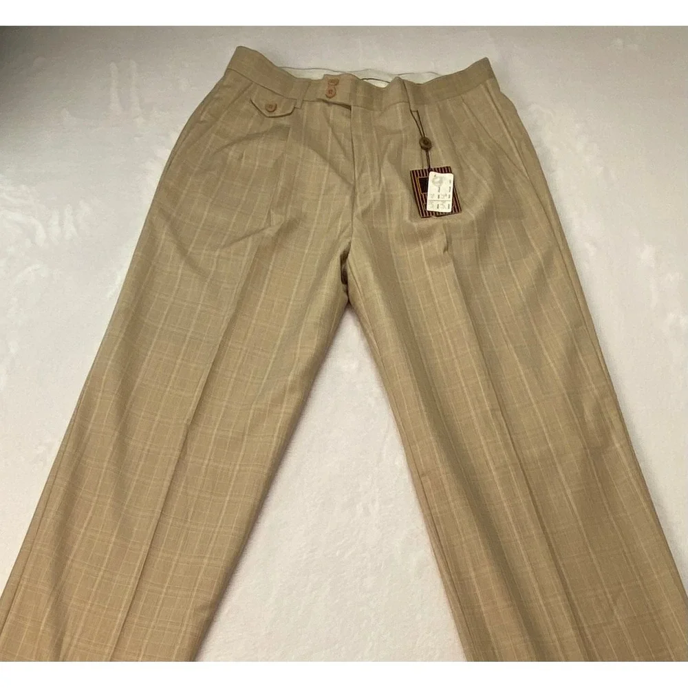 Giorgio Fiorelli Mens Tan Plaid Pleated Wide Leg Dress Pants 62016 Size 34 NWT‎